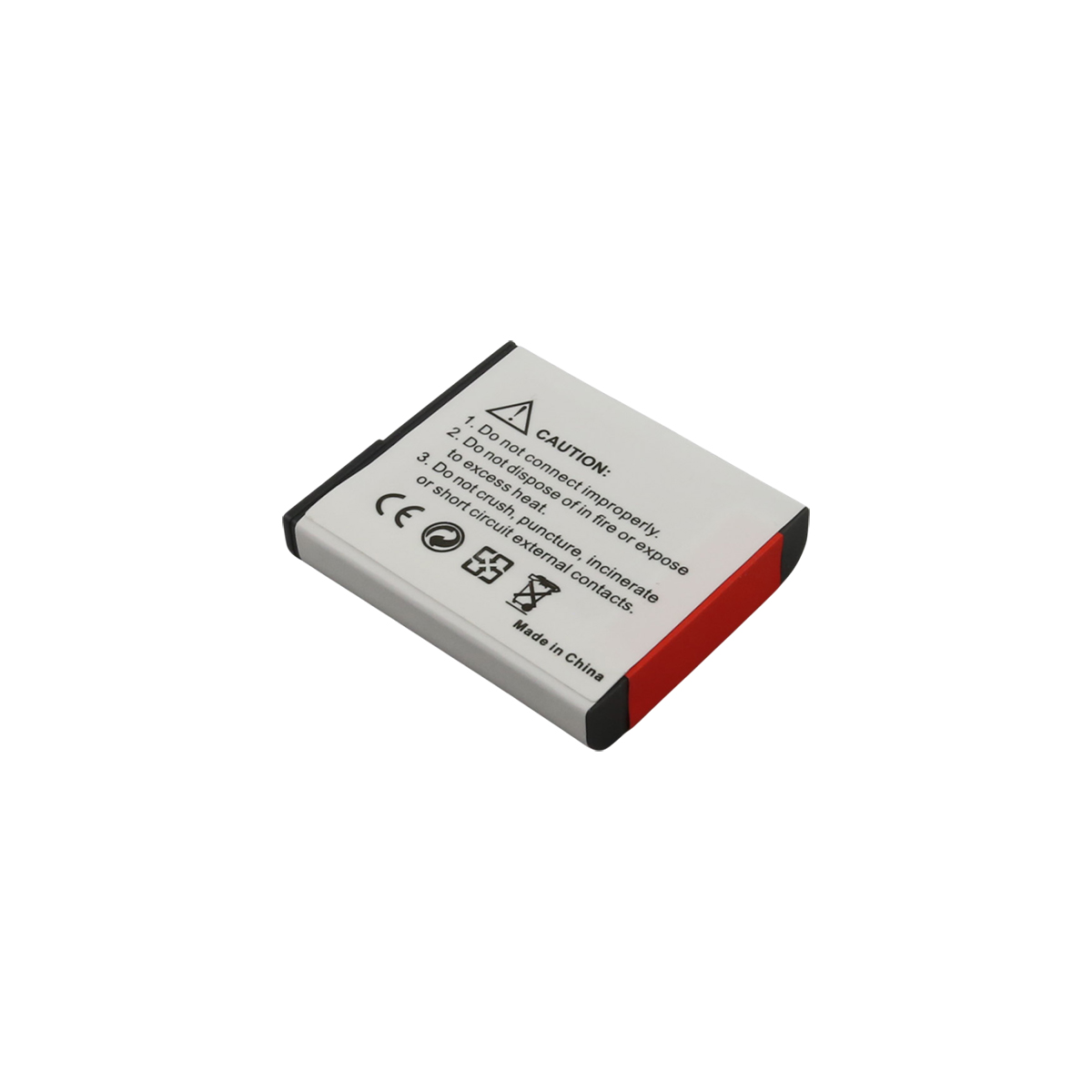 Una batteria bianca e argento con accenti rossi, simboli di avvertenza e 'Made in China'.