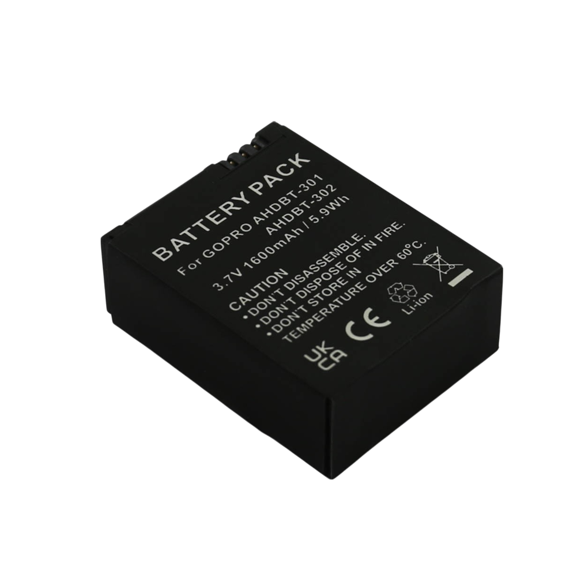 Batteria GoPro nera, modello AHDBT-301/302, 3,7V 1600mAh.