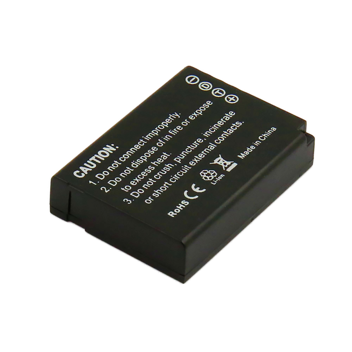 Batterie lithium-ion noire avec texte de mise en garde et symboles. Fabriqué en Chine.