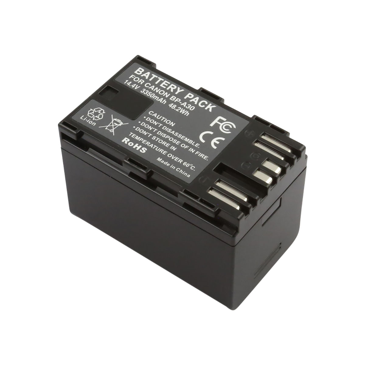 Batteria nera Canon BP-A30 con etichette di avvertenza e marchio CE.