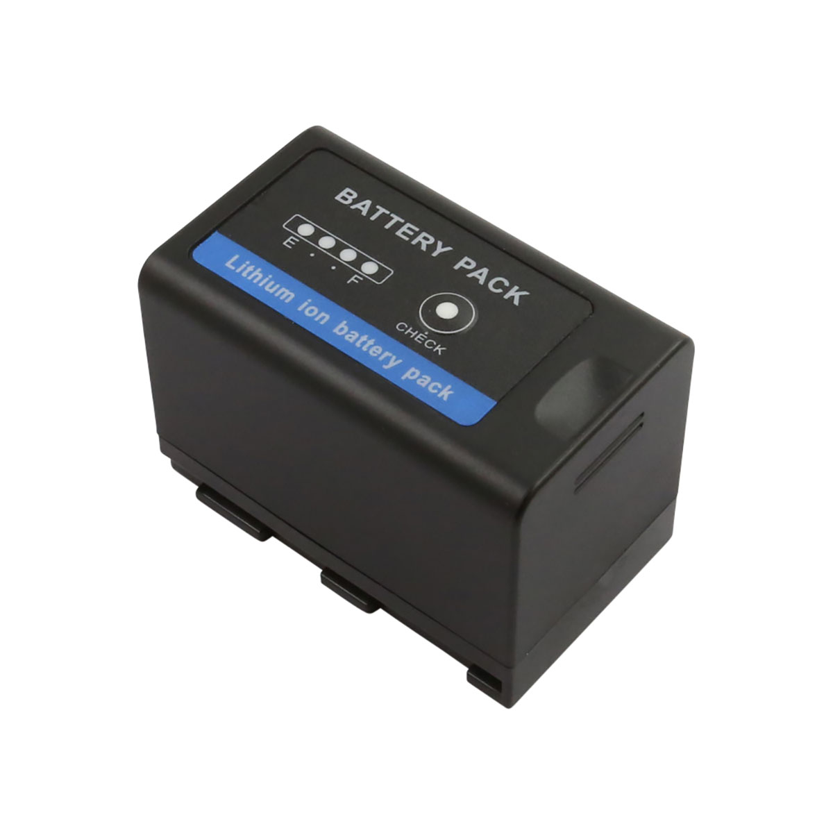 Un pacco batteria agli ioni di litio nero con etichetta blu e spie luminose.
