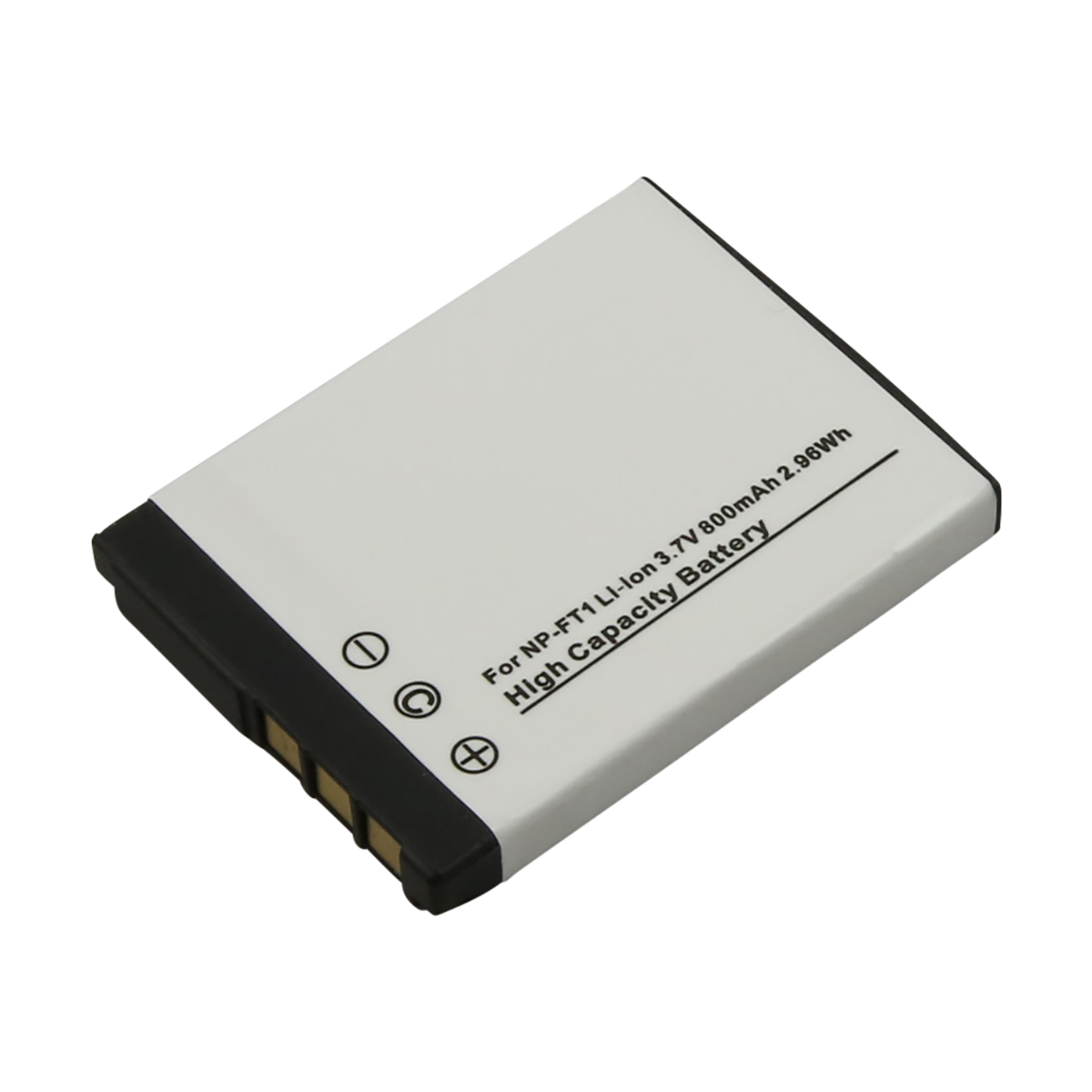 Una batteria NP-FT1 bianca con bordo nero e contatti dorati. Testo: 'High Capacity Battery'.