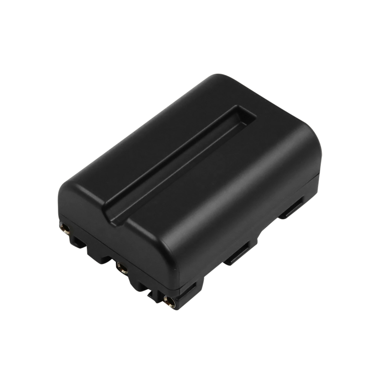 Una batteria rettangolare nera con contatti sul fondo e una scanalatura sulla parte superiore.