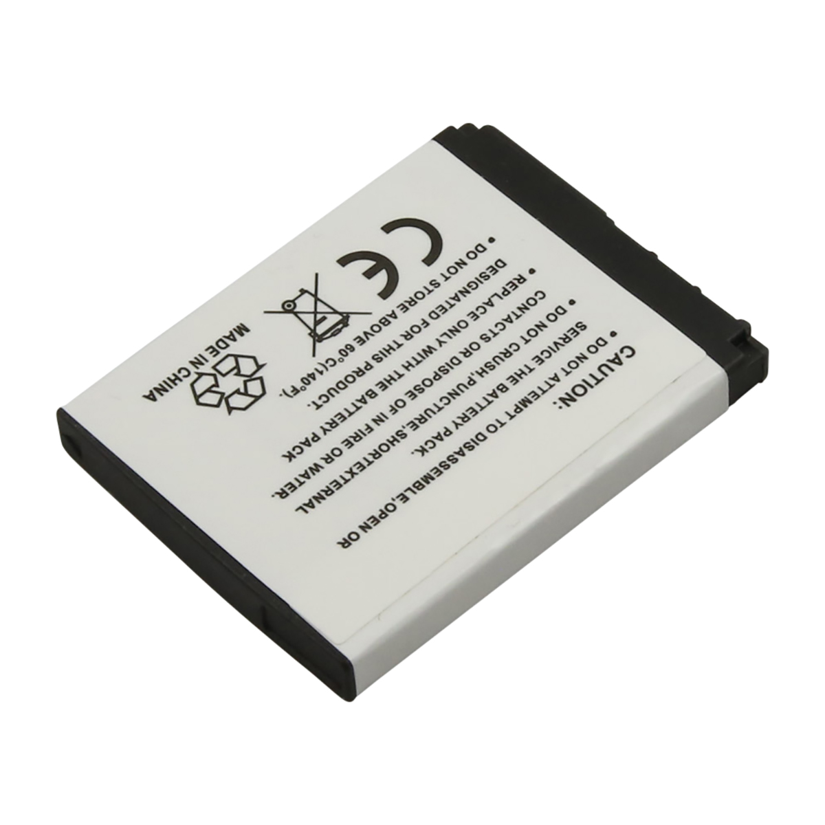 Una batteria bianca e nera con testo di avvertenza.