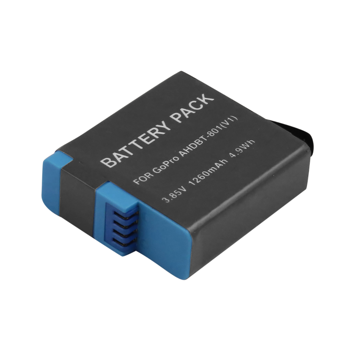 Batteria GoPro nera con accenti blu, etichettata 'BATTERY PACK' e specifiche.