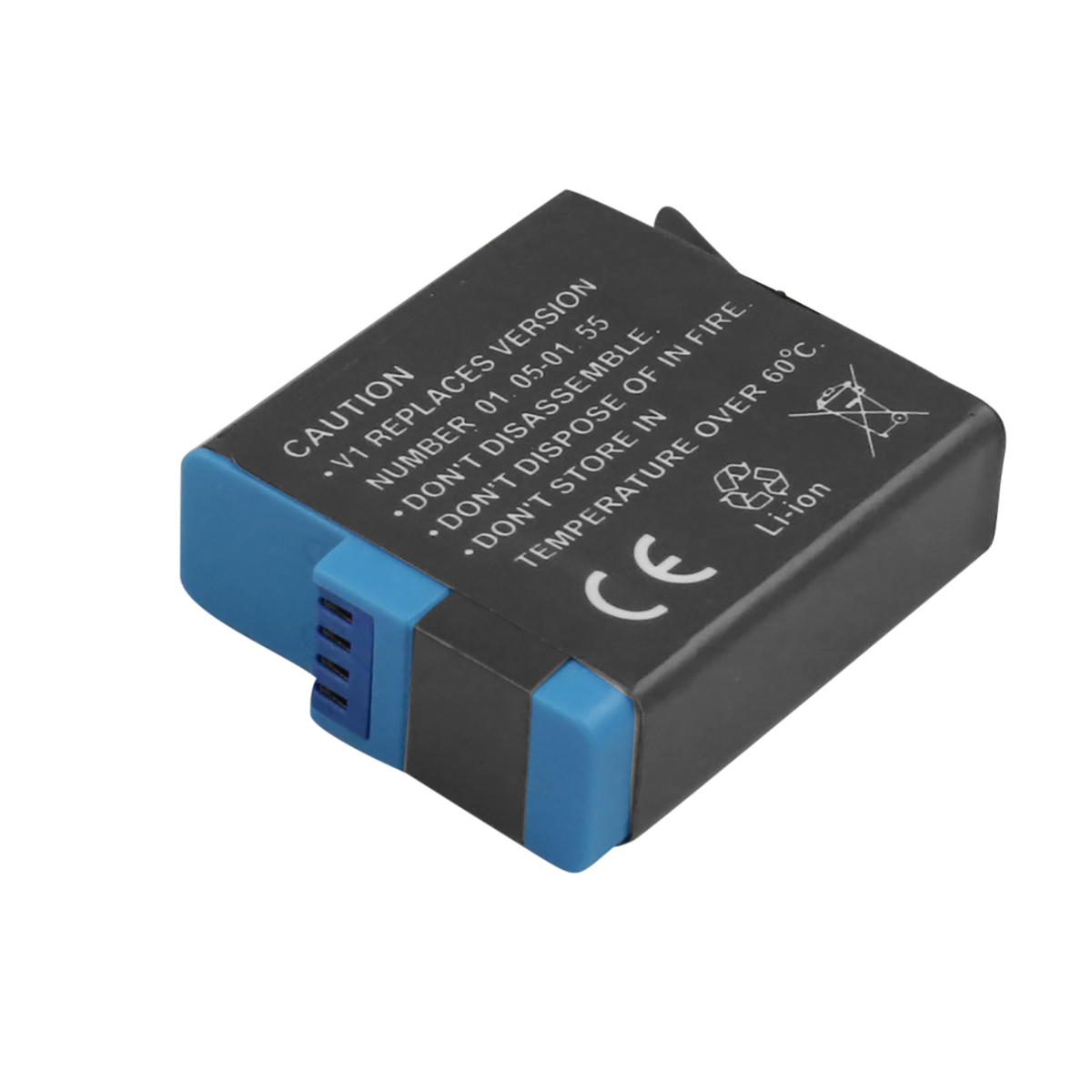 Un pacco batteria nero e blu con testo e simboli di avvertenza.
