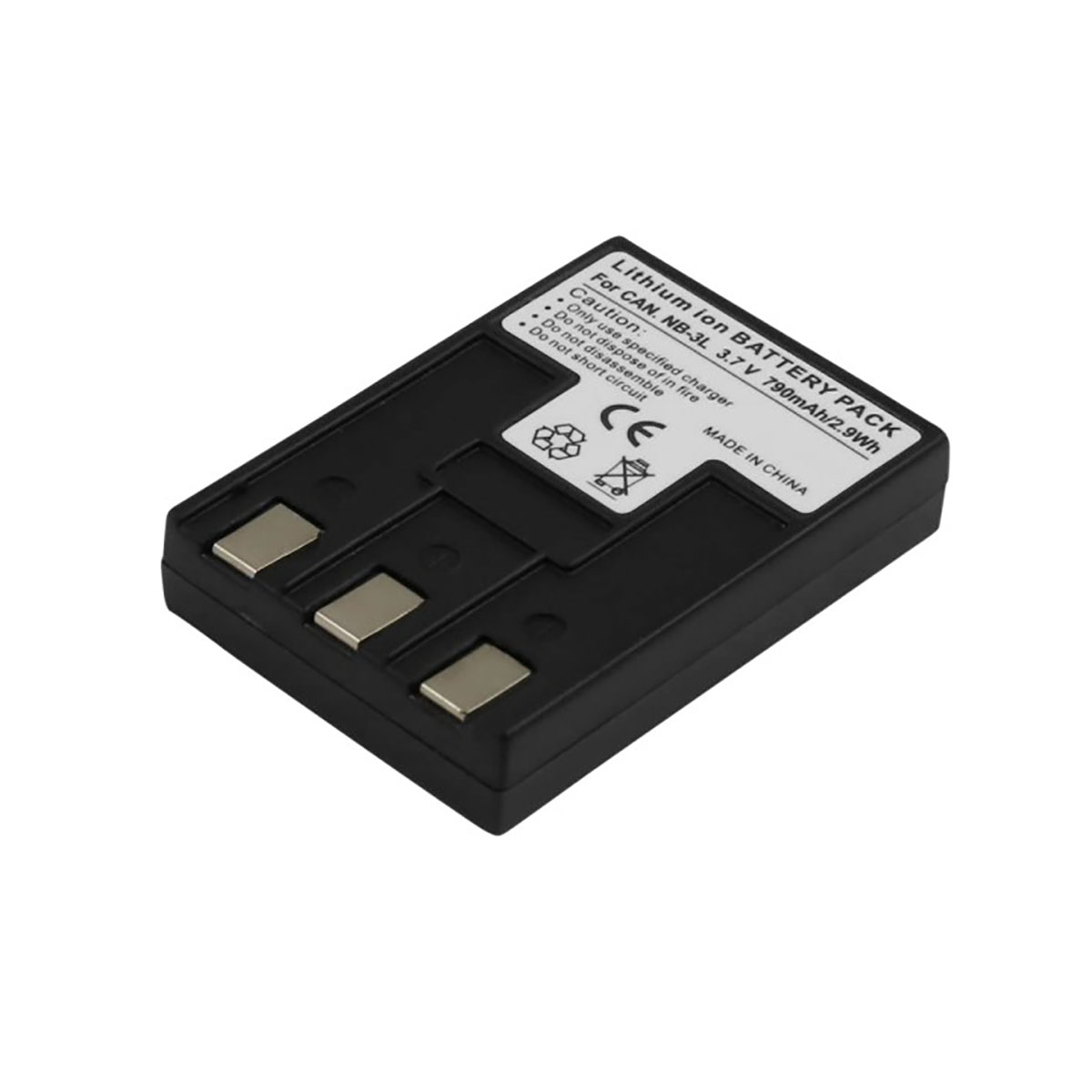 Batteria agli ioni di litio nera per CAN NB-3L, 3,7V, con avvertenze di ricarica.