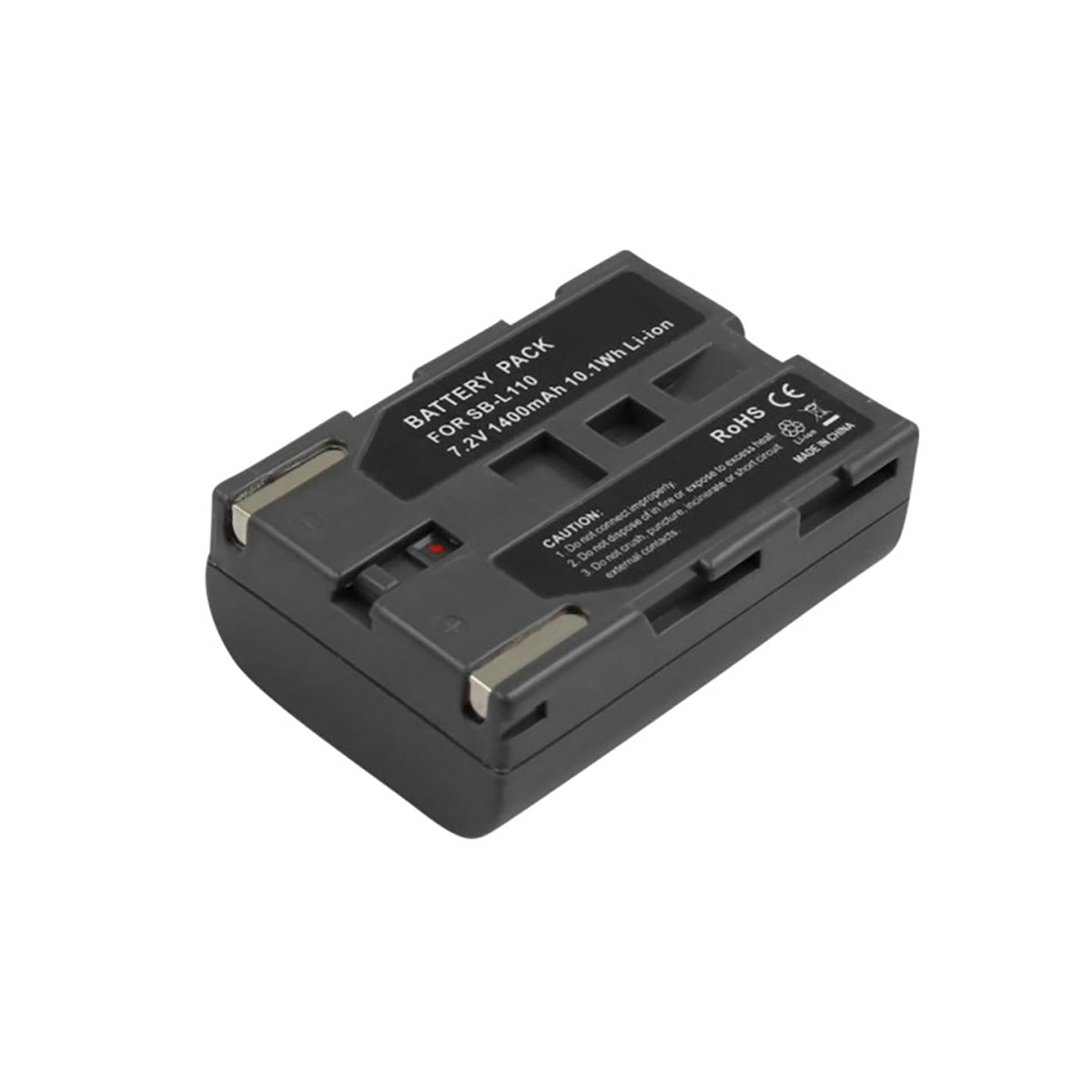 Schwarzer Akku für SB-L110, 7,2V, 1400mAh Li-ion. Vorsichtsetiketten vorhanden.