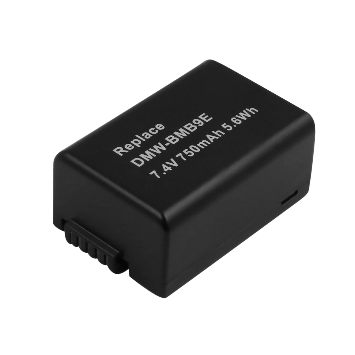 Una batteria nera DMW-BMB9E con specifiche 7,4V 750mAh 5,6Wh.