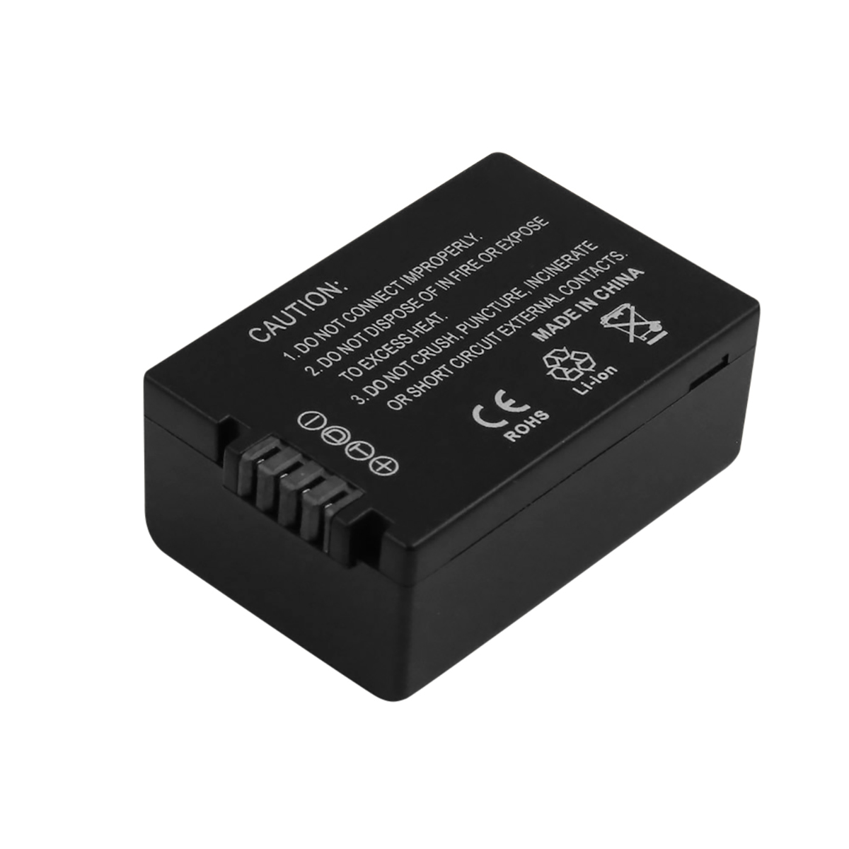Batteria agli ioni di litio nera con testo di avvertenza, loghi CE, RoHS e Li-ion.