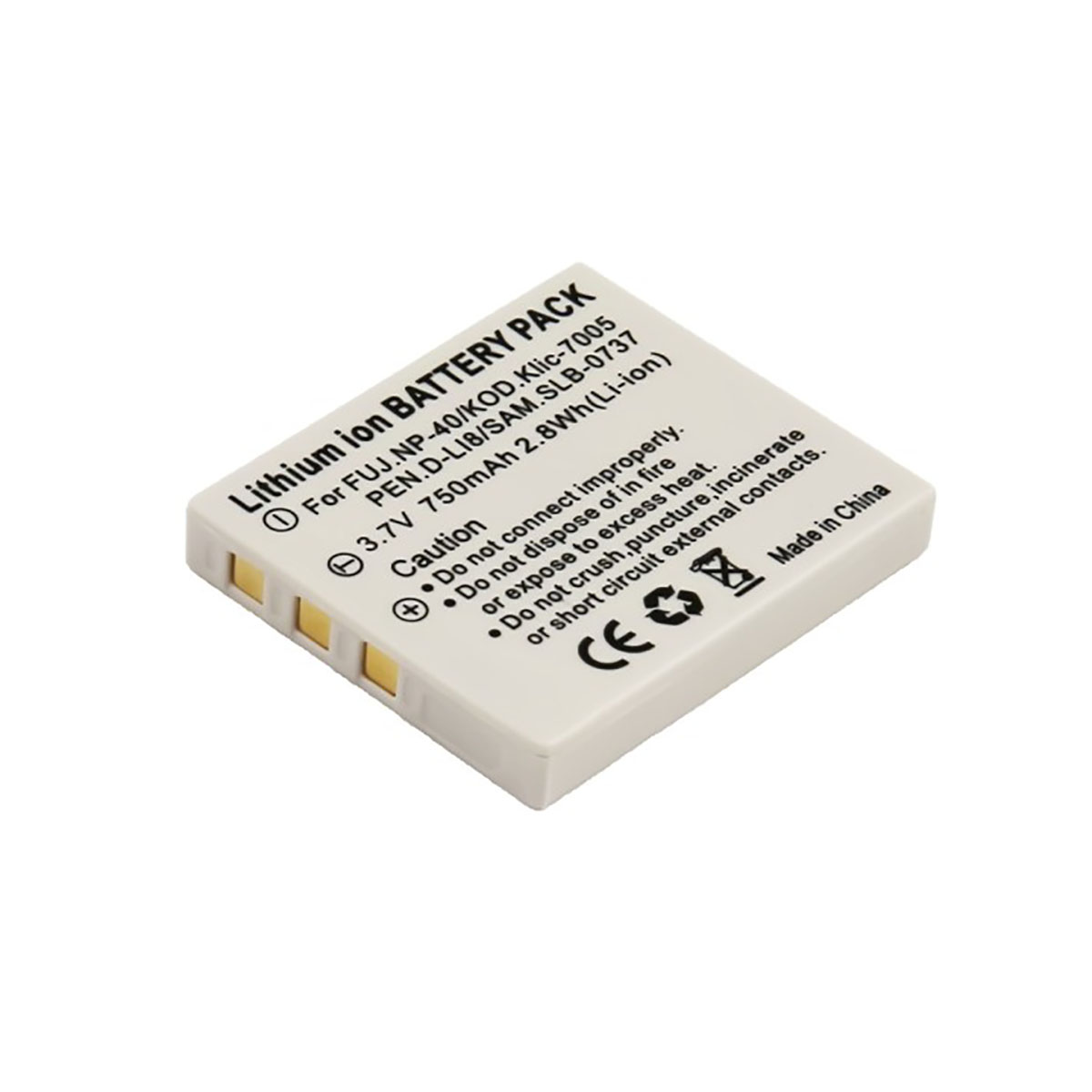 Pacco batteria agli ioni di litio bianco, 3,7V, 750mAh. Il testo dettaglia modello e avvertenze.