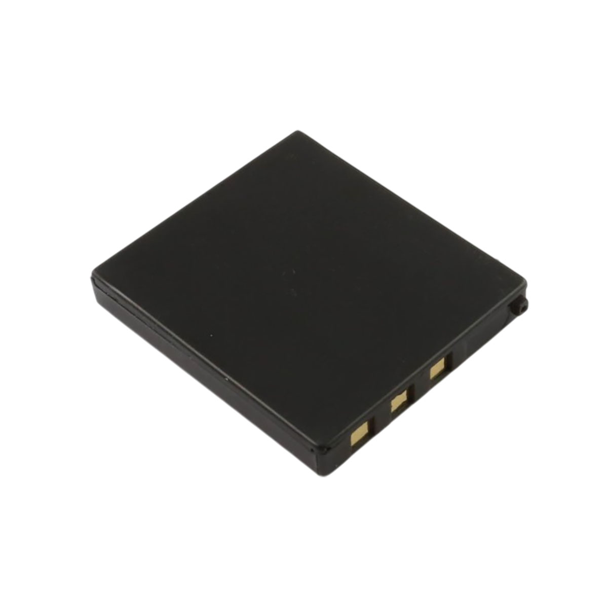 Una batteria rettangolare nera con tre contatti dorati sul lato destro.