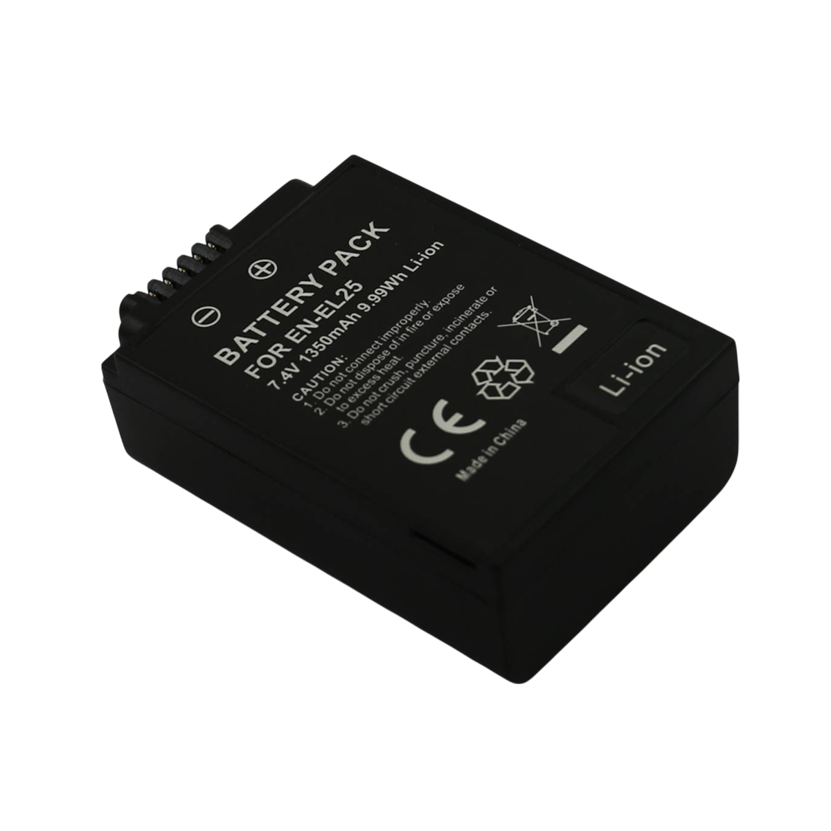 Batteria nera per EN-EL25, 7,4V 1350mAh. Simboli di cautela e "Made in China".