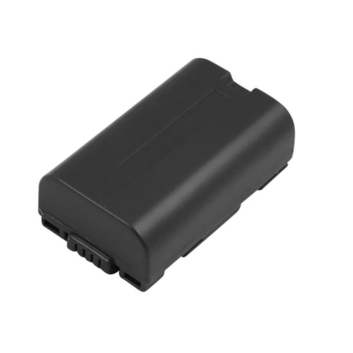 Un pacco batteria rettangolare nero con impugnatura testurizzata su un'estremità, isolato su bianco.
