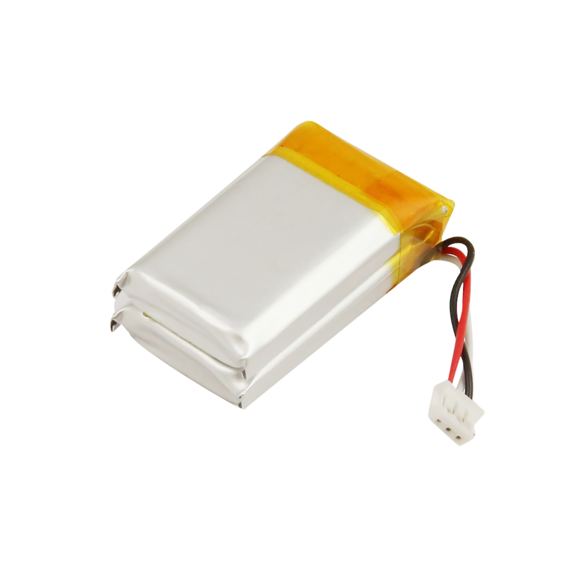 Ein kleiner, flacher Lithium-Polymer-Akku mit weißer und silberner Folie und gelbem Klebeband.