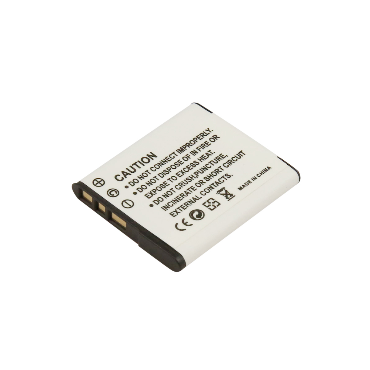 Weiße wiederaufladbare Batterie mit Warnsymbolen und Text. Hergestellt in China.