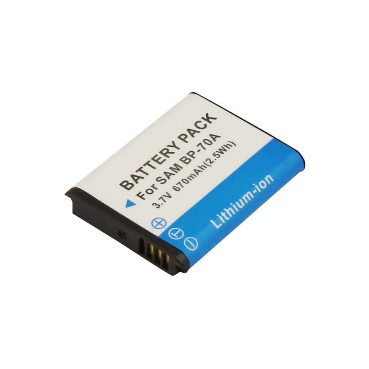 Un pacco batteria agli ioni di litio bianco e blu etichettato 'For SAM BP-70A'.