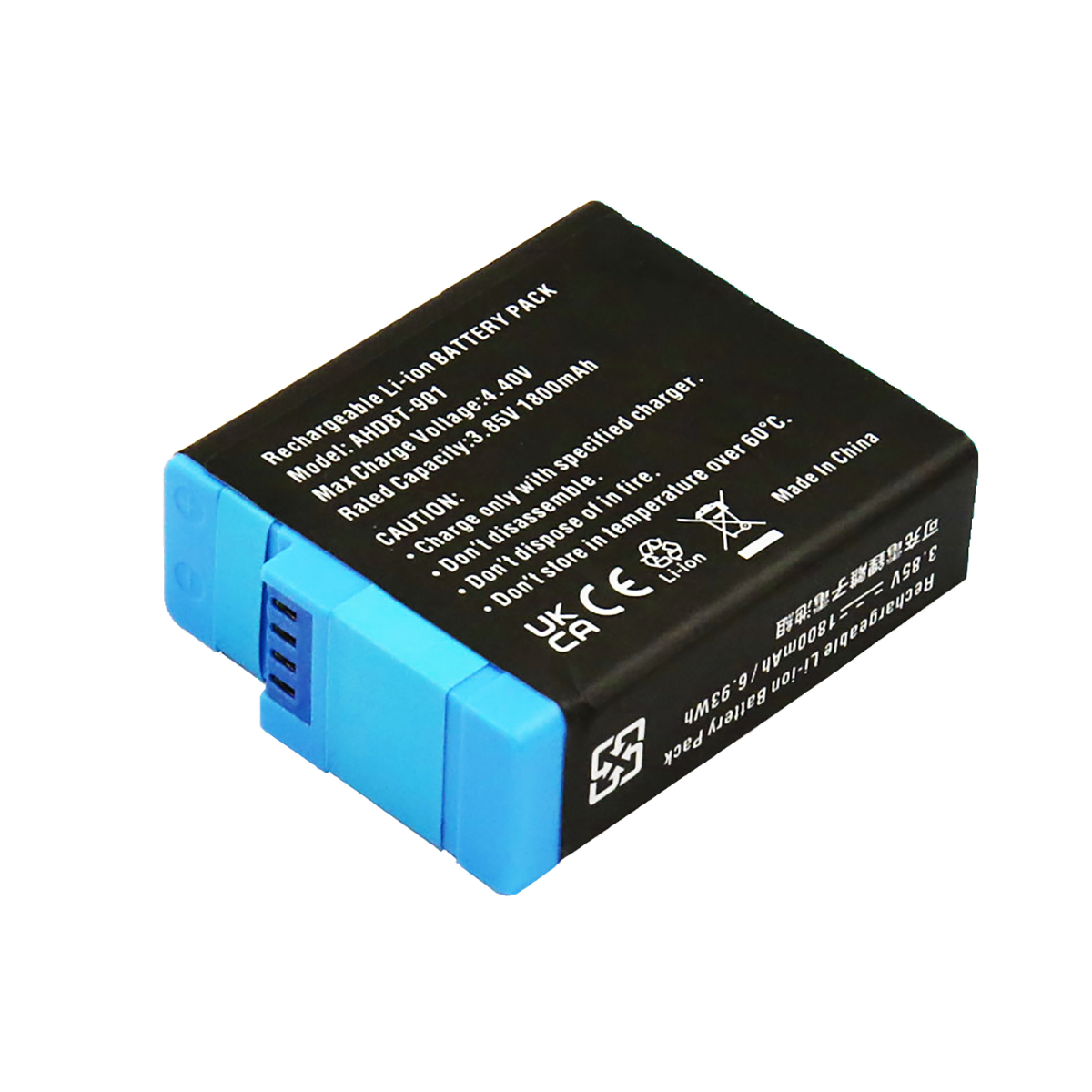 Un pacco batteria ricaricabile agli ioni di litio, nero e blu, con etichette.