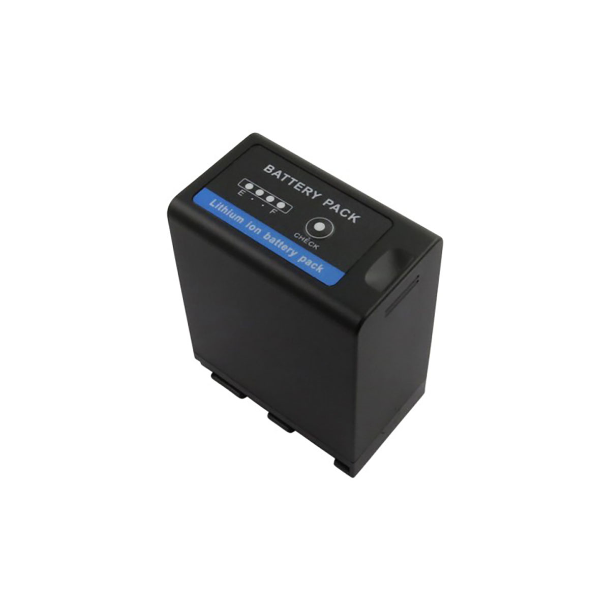 Batteria agli ioni di litio nera con spie di carica ed etichetta.