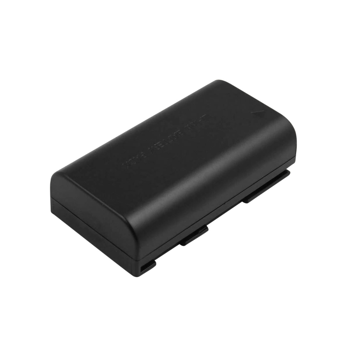 Un pacco batteria rettangolare nero su sfondo bianco. Testo in rilievo sopra.