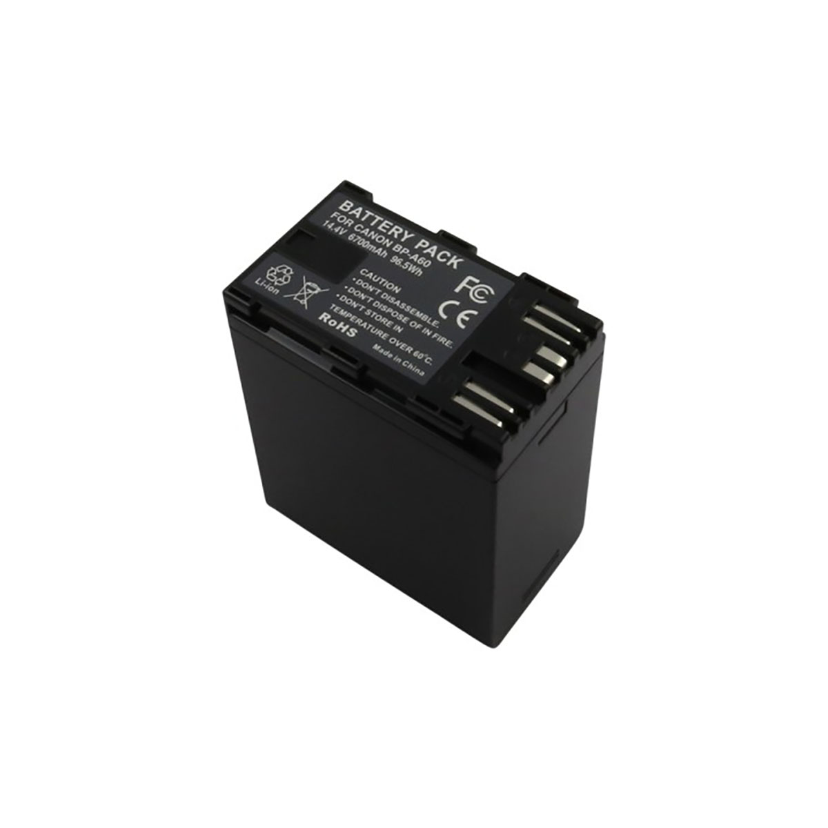 Batteria nera Canon BP-A60, 14,4V, 6700mAh. Etichette mostrano avvertenze e certificazioni.
