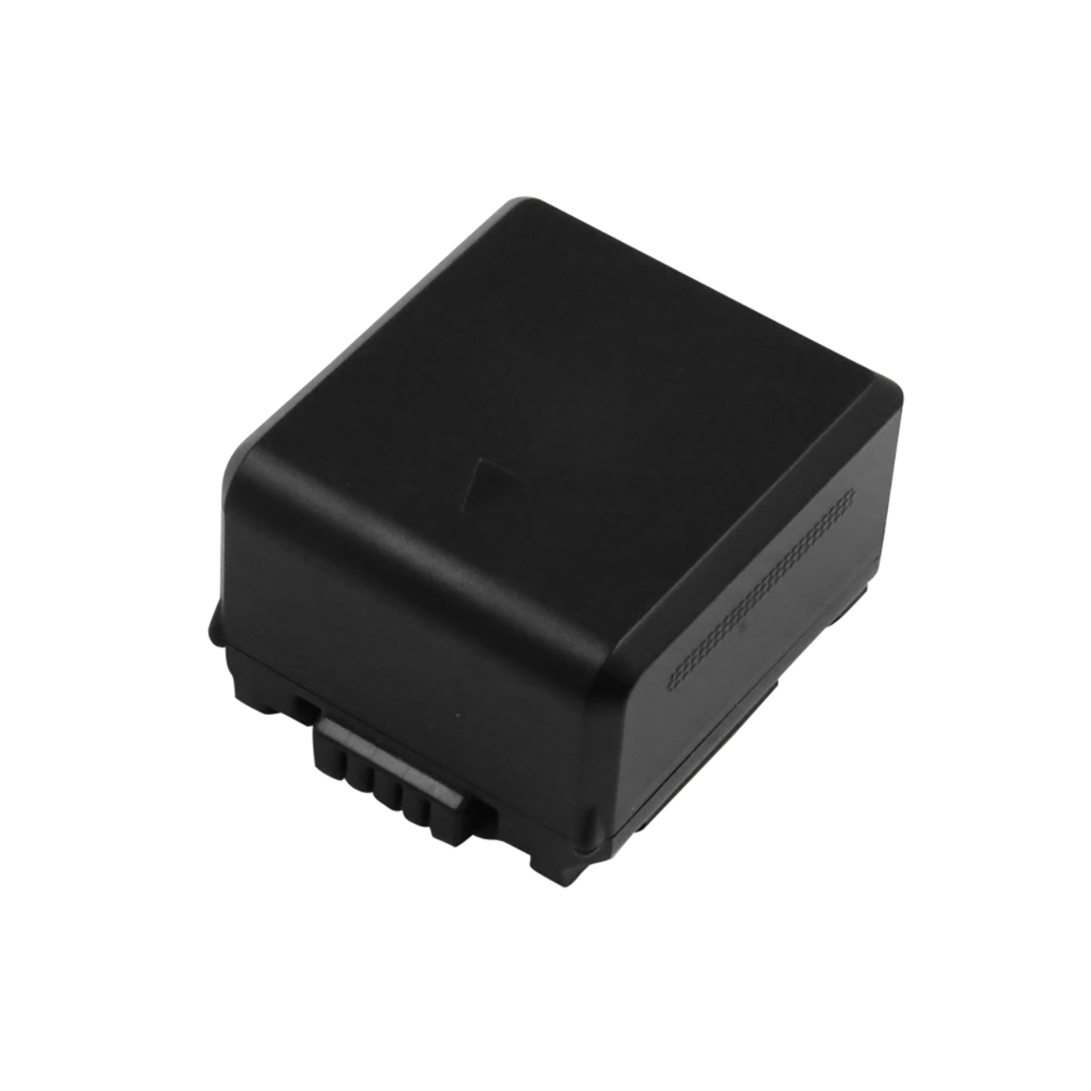 Un pacco batteria rettangolare nero con lato testurizzato e pin di connessione visibili.