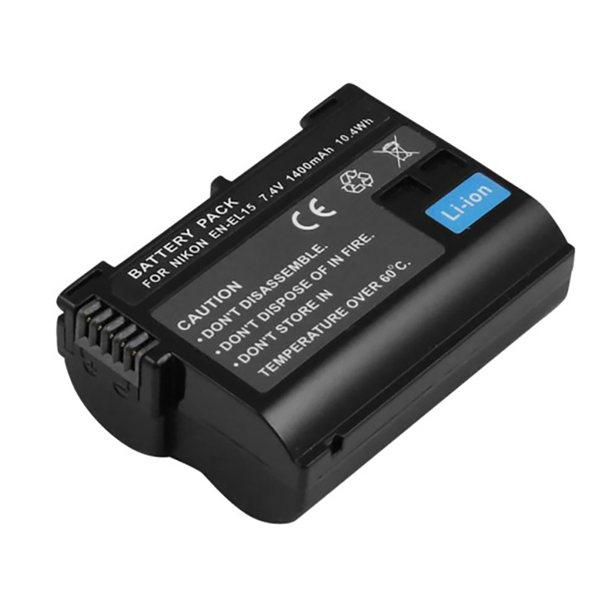 Ein schwarzer Nikon EN-EL15 Li-ion-Akkupack mit Warnsymbolen und Text.