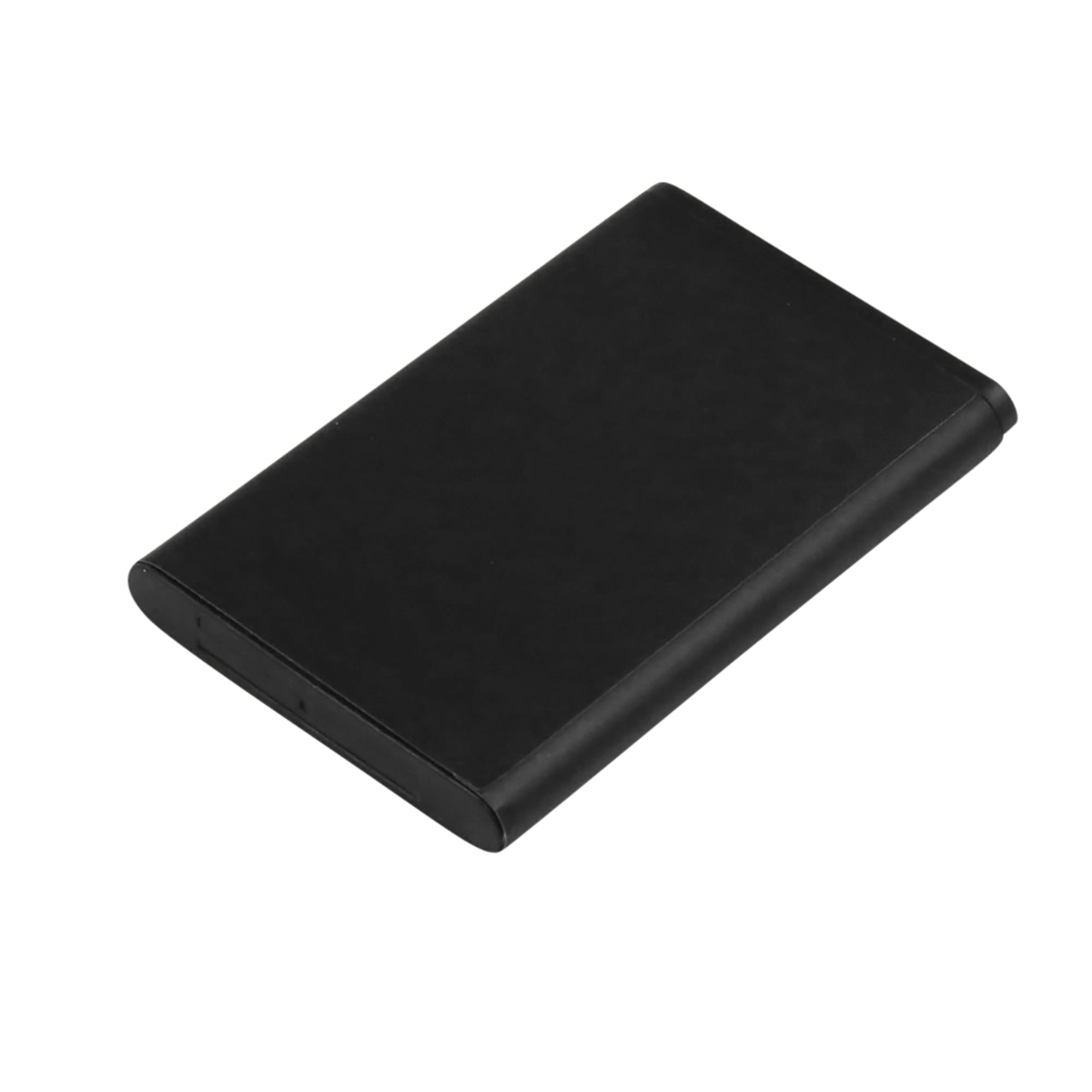 Un oggetto rettangolare nero simile a un power bank su sfondo bianco.