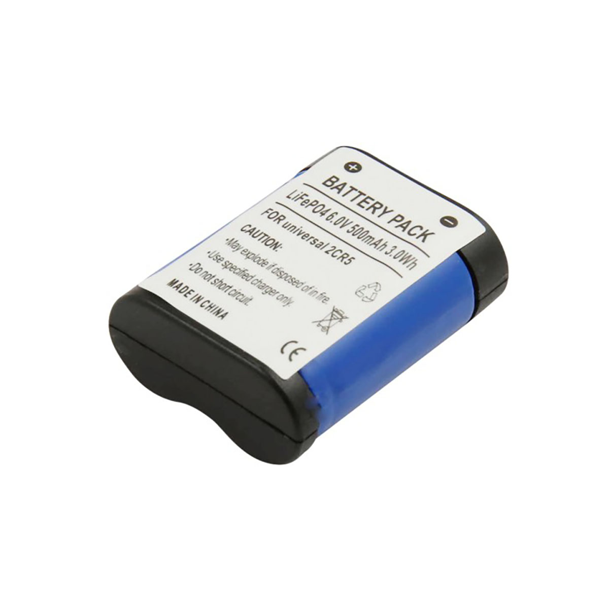 Un pacco batteria LiFePO4 da 6,0V 500mAh blu e nero per 2CR5 universale.