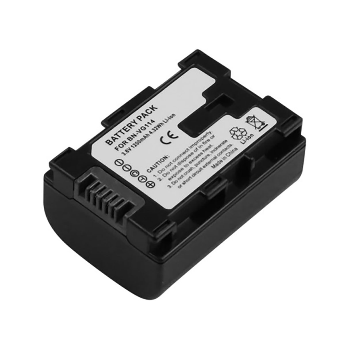 Batteria nera per BN-VG114, 3,6V 1200mAh, con simboli di avvertenza.