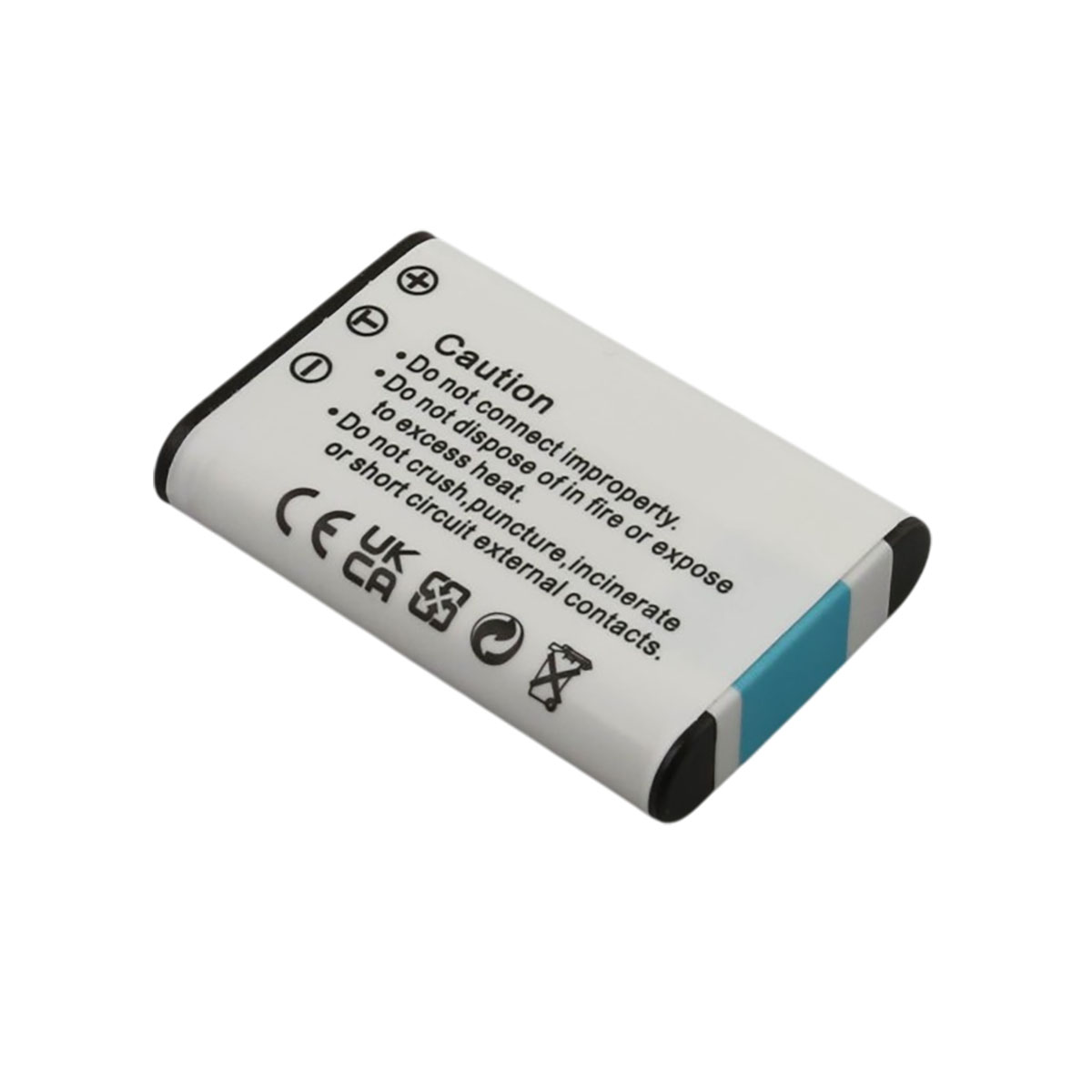 Batteria bianca con simboli di avvertenza e testo. Striscia blu sul lato.