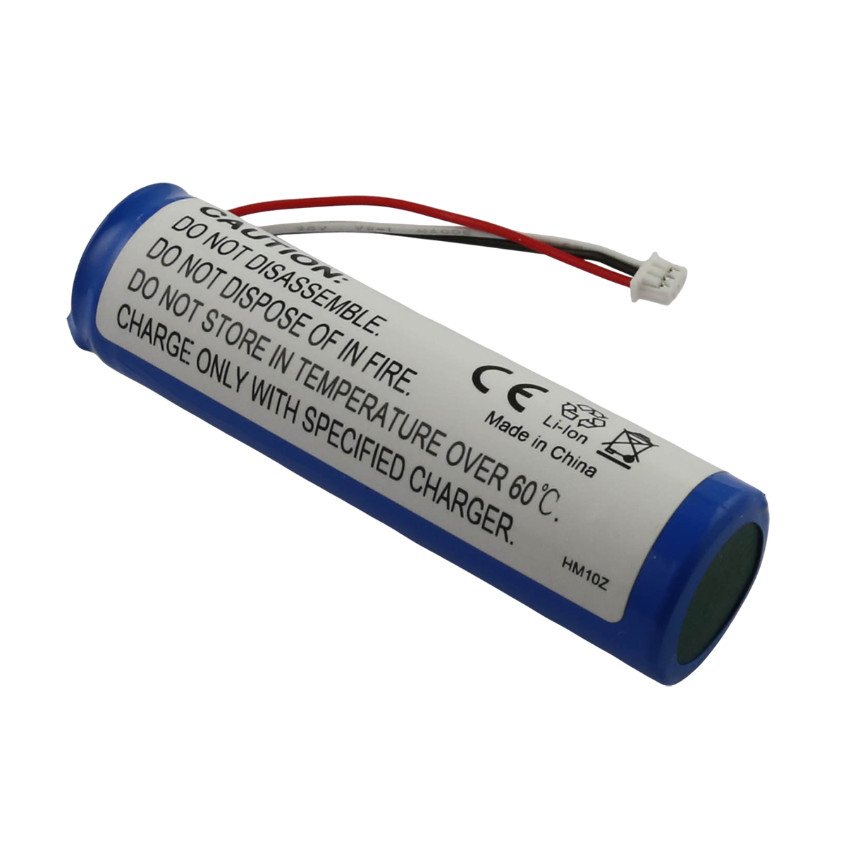 Batteria cilindrica Li-ion blu con fili rosso, bianco e nero e un connettore bianco.
