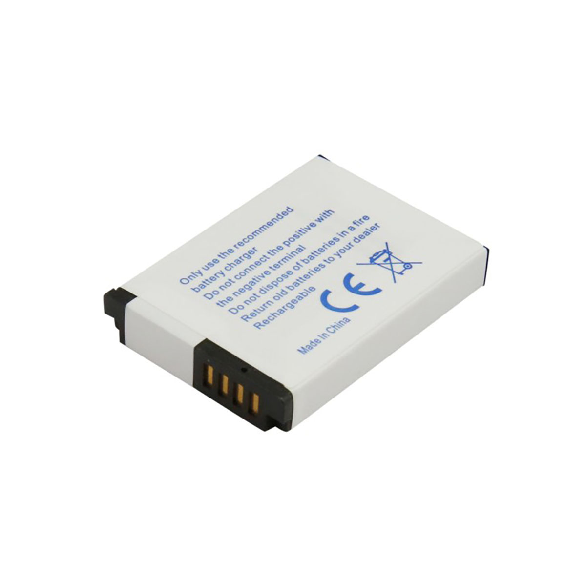 Una batteria ricaricabile bianca con testo e simboli, su sfondo bianco.