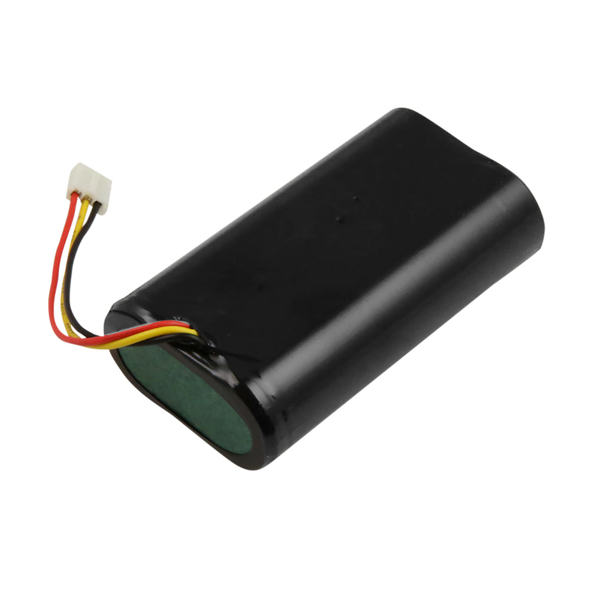 Schwarzer Akkupack mit roten, gelben und schwarzen Kabeln, die mit einem weißen Stecker verbunden sind.