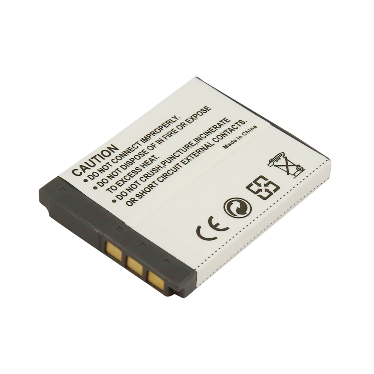 Una batteria bianca e grigia con testo e simboli di avvertenza. Made in China.