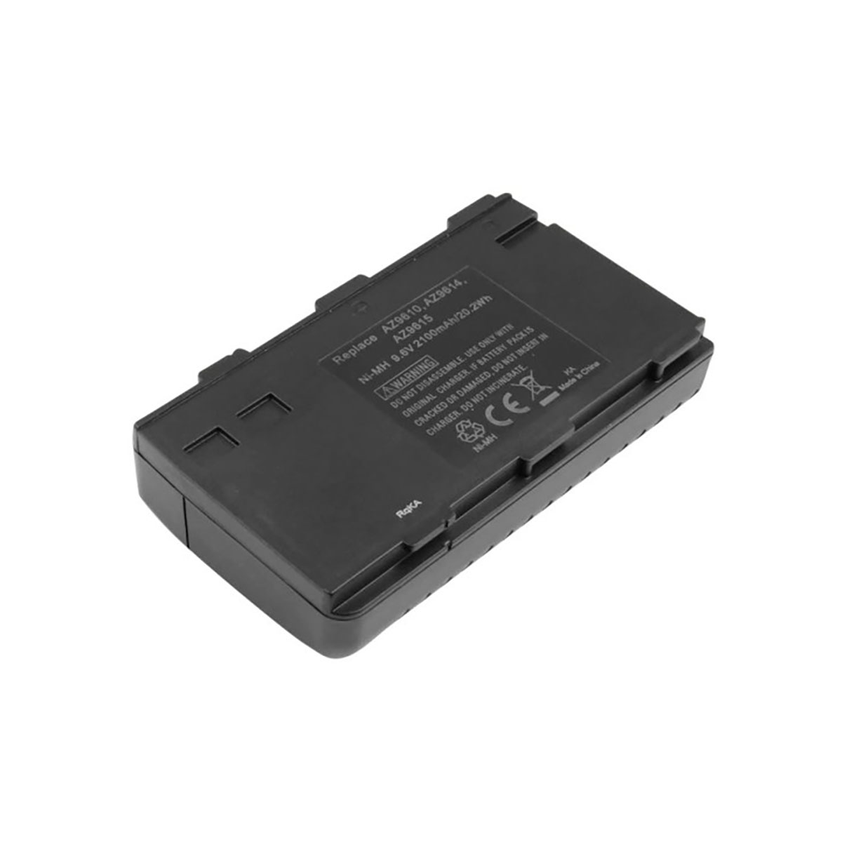 Pacco batteria Ni-MH nero, 9,6 V, 2100 mAh. Il testo include un avviso.