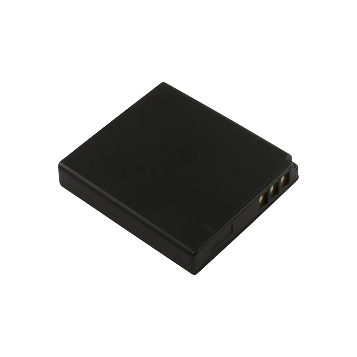 Eine schwarze rechteckige Batterie mit drei goldenen Kontakten auf der rechten Seite.