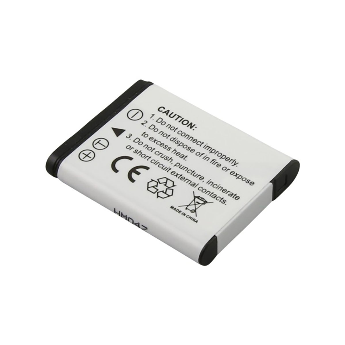Batteria bianca con simboli di avvertenza, marchio CE e testo Made in China.