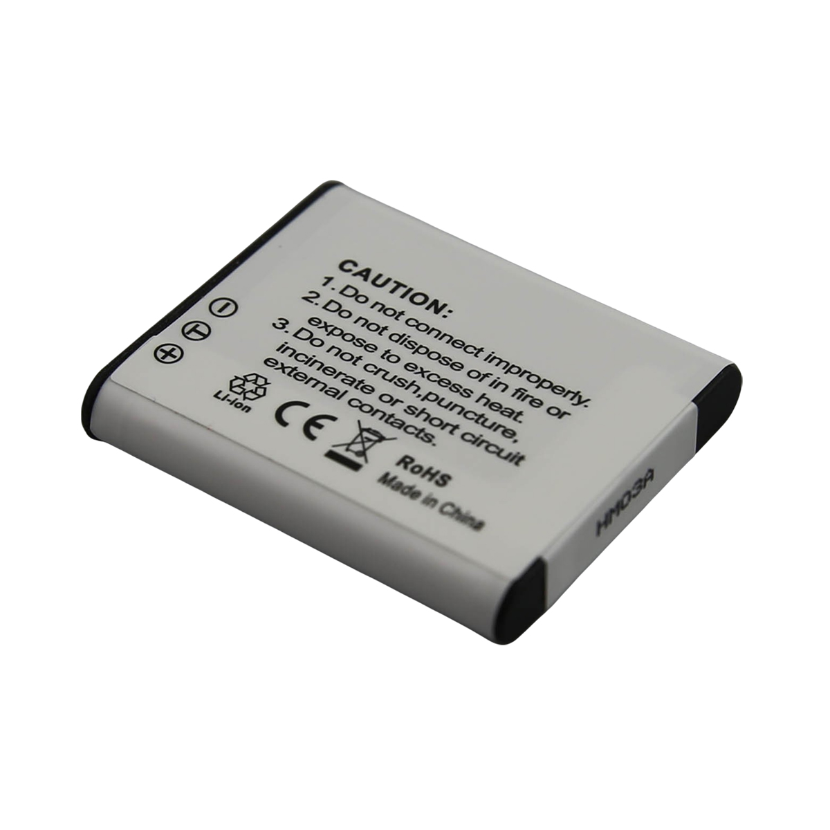 Eine weiß-silberne Li-Ion-Batterie mit Warntext und Symbolen. Modell HM03A.