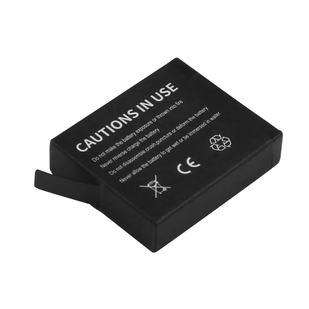 Batteria nera con avvertenze: Non esporre al fuoco, caricare al contrario, schiacciare o immergere.