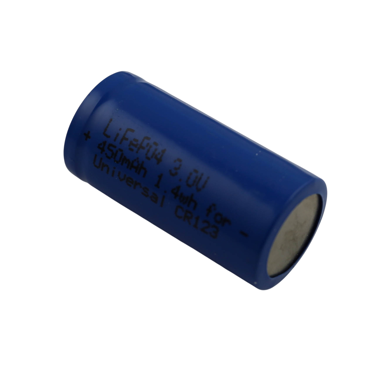 Viene mostrata una batteria blu LiFePO4 da 3,0V 450mAh 1,4Wh per CR123.