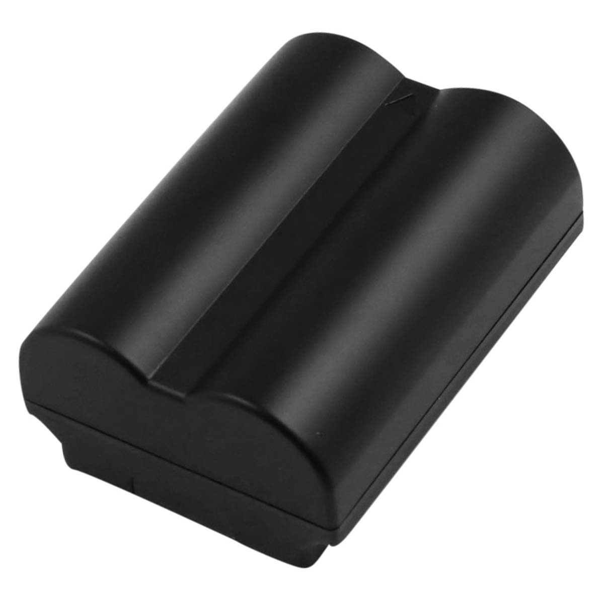 Un pacco batteria rettangolare nero con due cime arrotondate e parallele, su sfondo bianco.