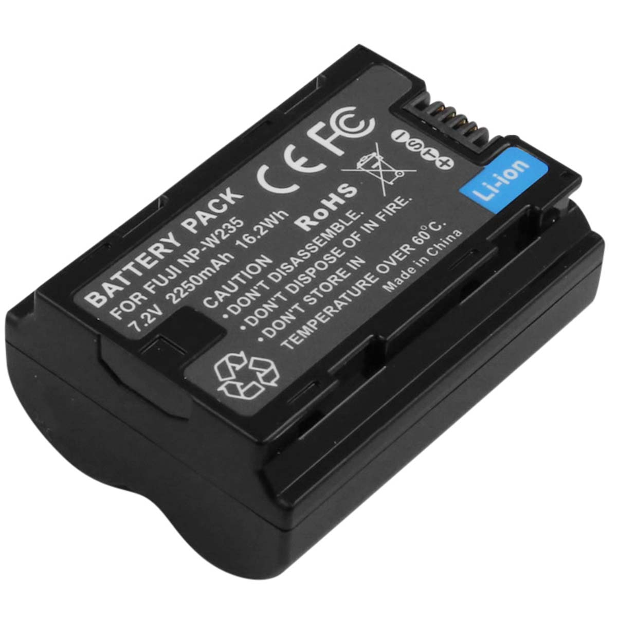 Batteria Li-ion nera per Fuji NP-W235, 7.2V 2250mAh, con avvertenze.