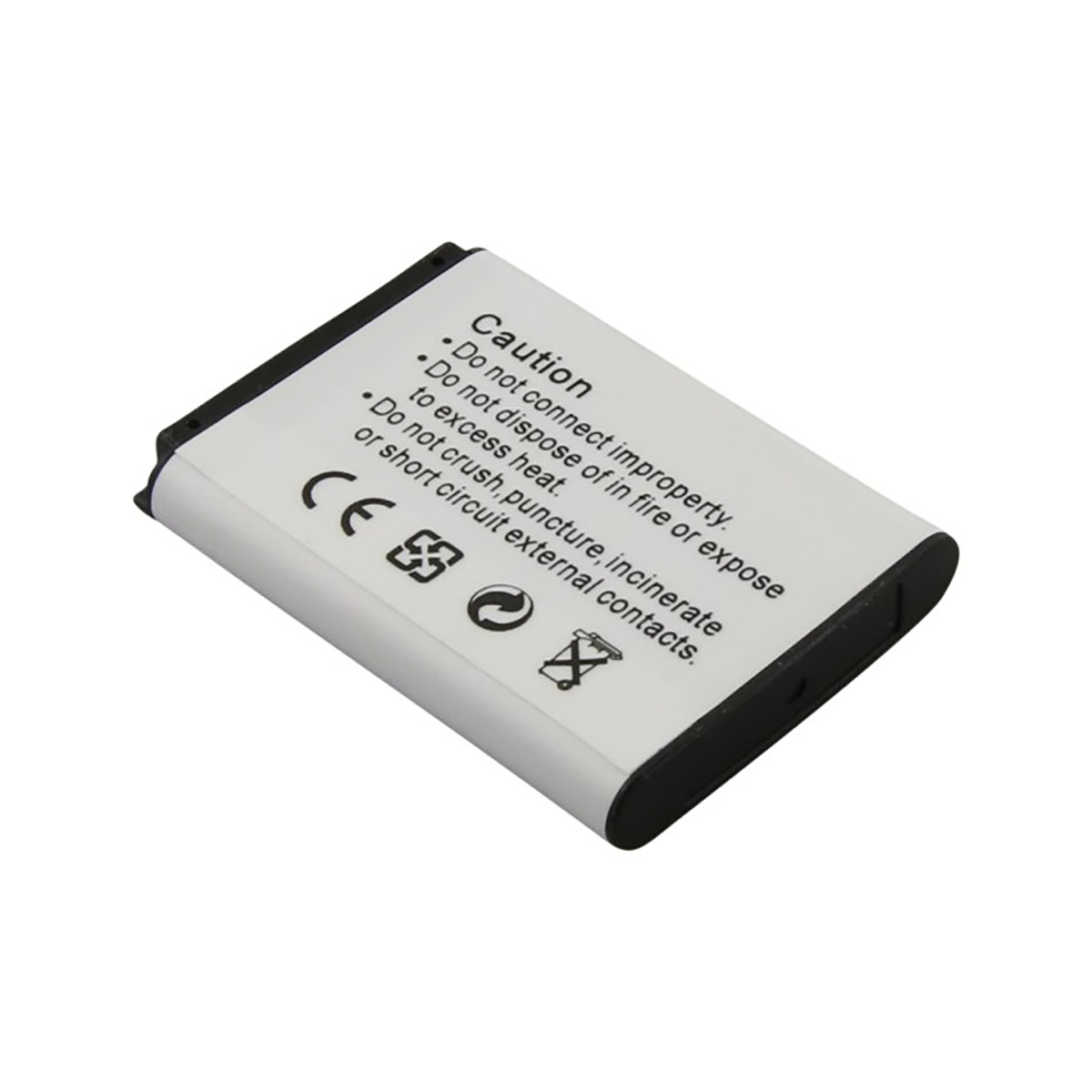 Una batteria al litio bianca con accenti neri, che mostra simboli e testo di avvertenza.