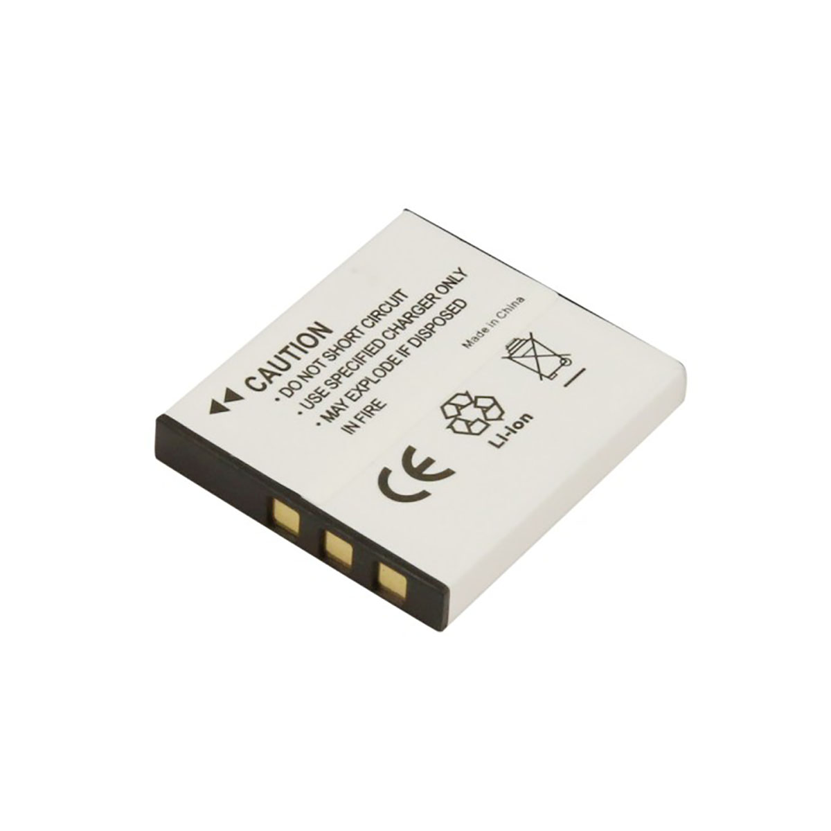 Una batteria bianca Li-ion con simboli di avvertenza e marchio CE.