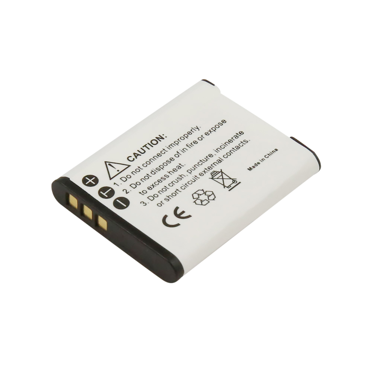 Una batteria rettangolare bianca con finiture nere, che mostra simboli di avvertenza e testo.