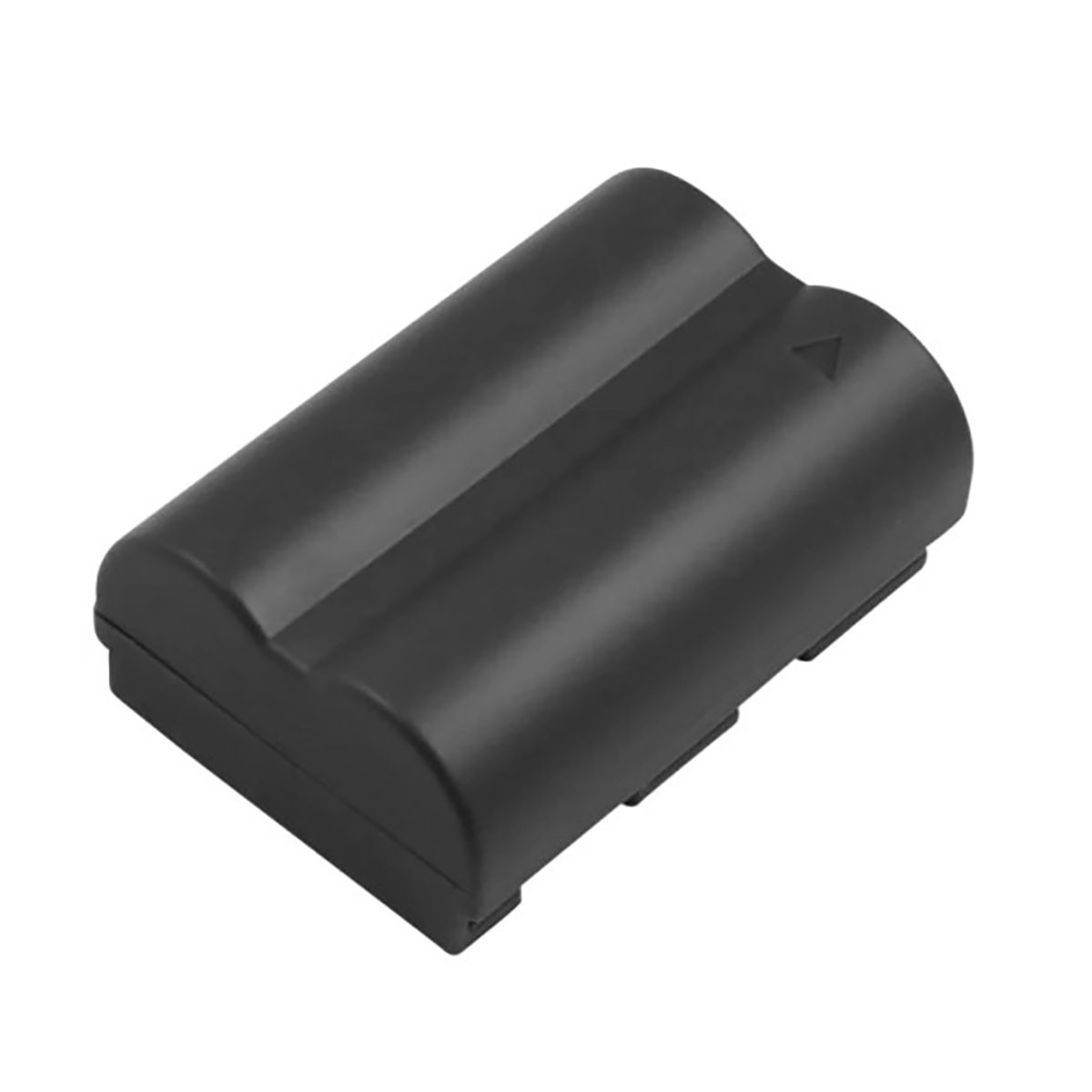 Una batteria per fotocamera nera con due sezioni superiori arrotondate e un piccolo simbolo a triangolo.