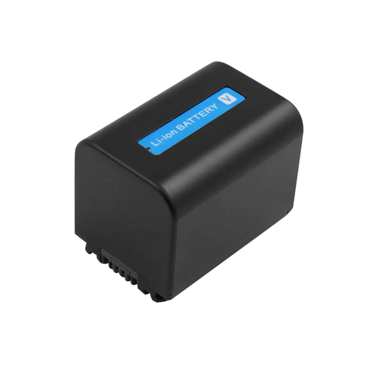 Una batteria Li-ion nera con etichetta blu è mostrata su sfondo bianco.