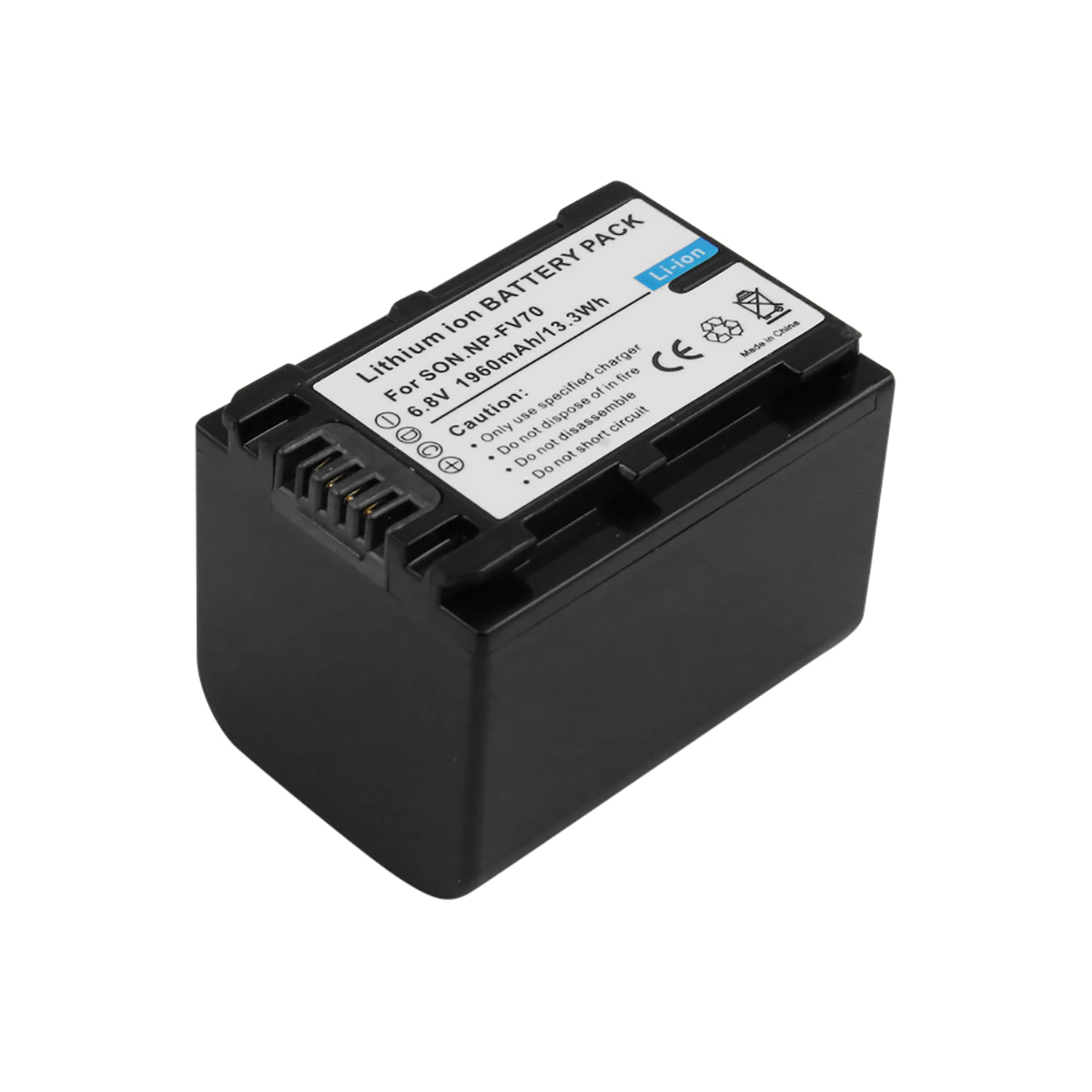 Batteria al litio per Sony NP-FV70, 6,8V, 1960mAh. Testo di avvertenza.