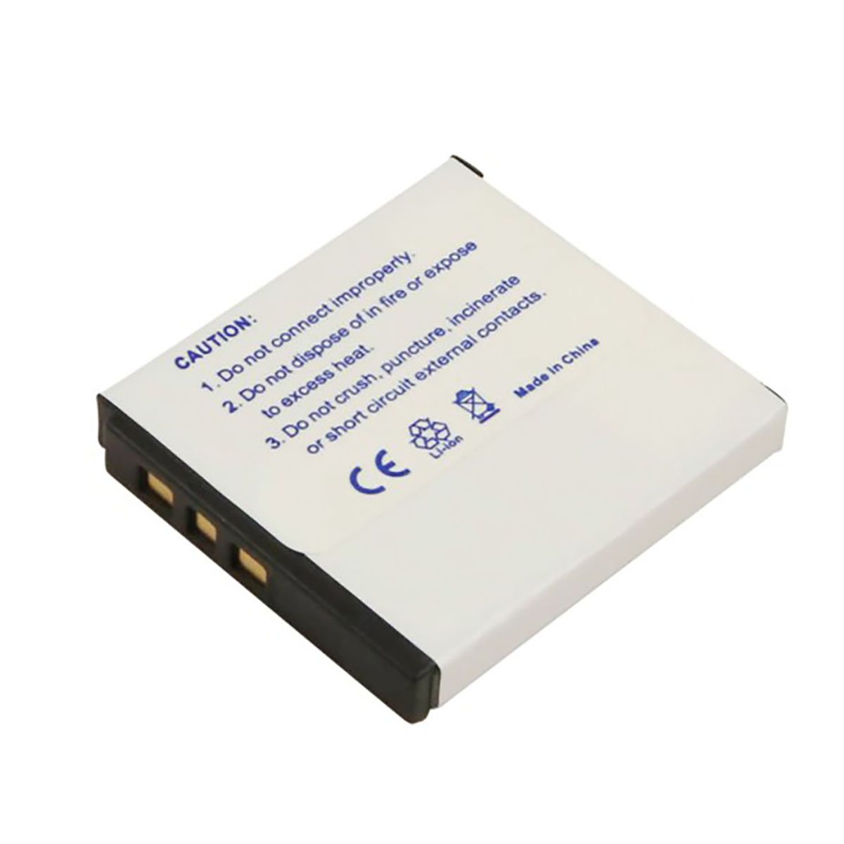 Una batteria Li-ion bianca con testo di avvertenza, marchio CE ed etichetta 'Made in China'.